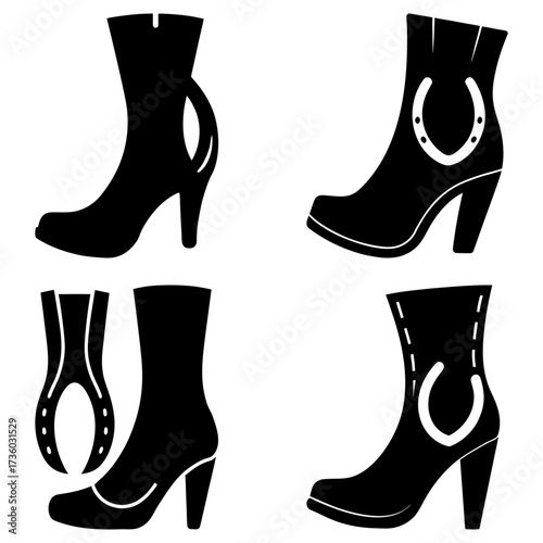 Collection of four black high heeled boots with horseshoe decorations and unique heel shapes shown