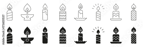 Candle Line And Solid Icon Set. Decorative Lighting, Celebration, And Spiritual Symbol Collection. Various Candle Designs For Festive And Relaxation Themes. Isolated Vector Illustration