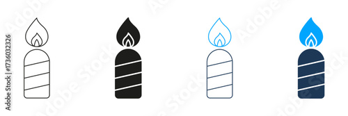 Candle With Flame Line And Solid Icon Set. Celebration, Relaxation, And Spiritual Symbol Collection. Decorative And Aromatic Candlelight. Isolated Vector Illustration