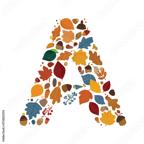 The capital letter 'A' created from a pattern of fall leaves. A creative, seasonal vector for autumn-themed typography. Generative AI