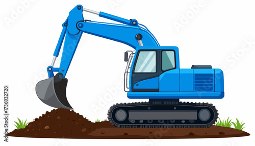 Blue excavator digging dirt pile construction equipment heavy machinery earthmoving site high quality professional