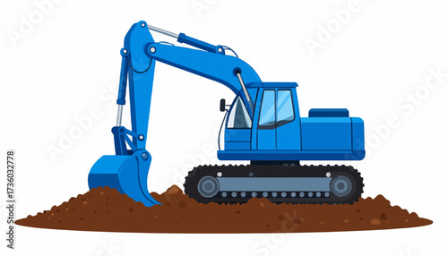 Blue excavator digging in dirt pile construction site heavy machinery equipment high quality professional