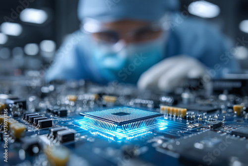 Lab technician conducts meticulous inspection of microchip in high-tech facility