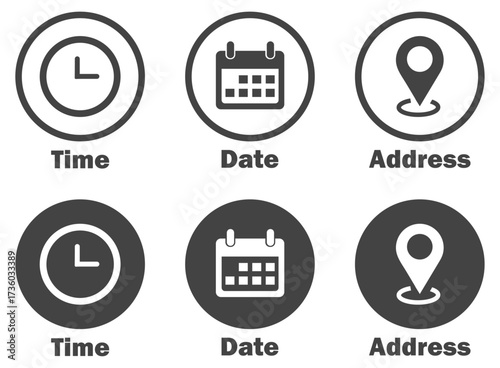 Time, date and address icon isolated set. Time Date Address Icon Set Simple Design. calendar, clock, location, vector, pin, map, gps, schedule, icon, marker