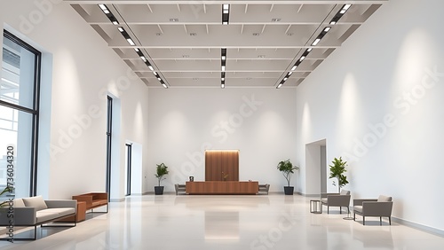 A modern office lobby interior with clean white walls and simple furnishings.
