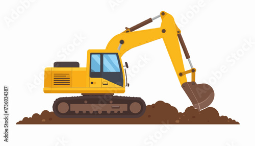 Yellow excavator digging earth vector style construction equipment heavy machinery industrial site work in progress