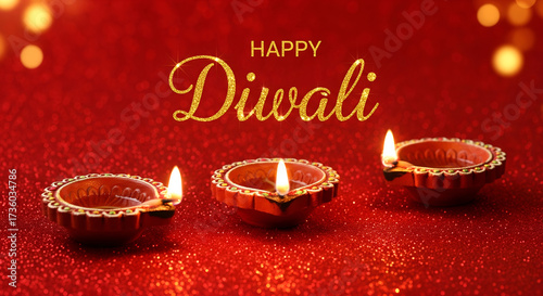 Elegant Happy Diwali greeting with three lit clay oil lamps (diyas) on a shimmering red glitter background with festive bokeh lights.