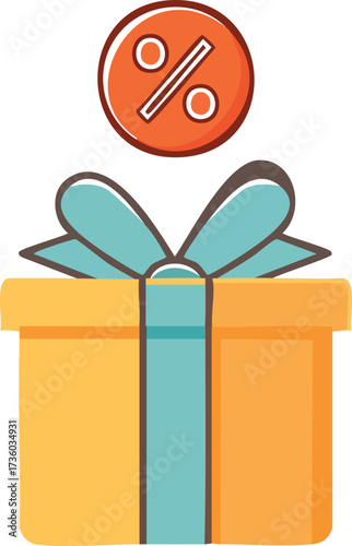 A gift box with a teal ribbon and a percentage sign icon above it, symbolizing a discount or special offer.