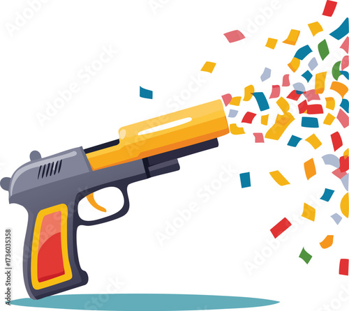 A toy gun shooting colorful confetti. A fun vector illustration for parties, celebrations, and birthdays. Generative AI