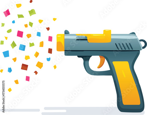 A toy gun shooting colorful confetti. A fun vector illustration for parties, celebrations, and birthdays. Generative AI