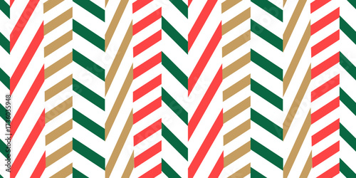 Christmas seamless pattern with diagonal stripes of different shapes. Abstract geometric candy cane. Festive winter holiday lines background. Fabric textile print. Surface cover wrapper design.