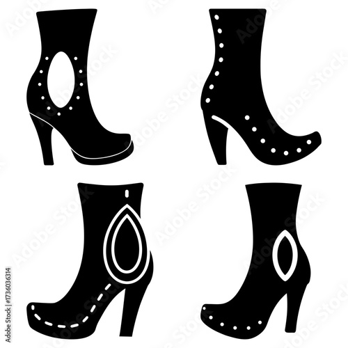 Four different black high heel boots with unique designs in a simple graphic style illustration set