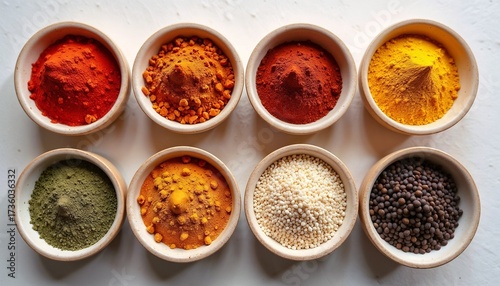 Eight bowls filled with various colorful spices arranged in a row. The spices include red, yellow, green, and brown powders, showcasing a vibrant culinary display.