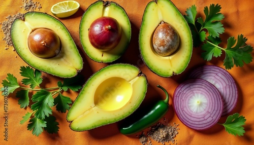 Fresh avocados cut in half, showcasing different varieties. Accompanied by red onion, cilantro, lime, and jalapeño on an orange background.