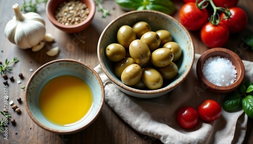 A rustic wooden table displays fresh ingredients for cooking. Green olives, cherry tomatoes, garlic, herbs, and olive oil are arranged attractively.