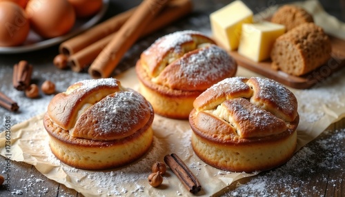 Three freshly baked muffins dusted with powdered sugar. Surrounding ingredients include eggs, butter, brown sugar, and cinnamon sticks.