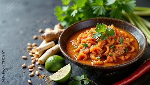 A bowl of spicy noodle soup garnished with fresh cilantro, surrounded by lime, ginger, and green onions on a dark surface.