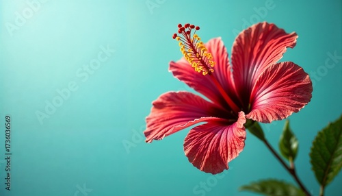 Wallpaper Mural A vibrant red hibiscus flower with prominent petals and yellow stamen against a turquoise background. The flower is fresh and blooming, showcasing its natural beauty. Torontodigital.ca