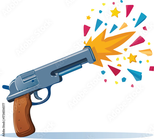 A toy revolver shooting a blast of colorful star-shaped confetti. A vector illustration for a fun and exciting celebration. Generative AI