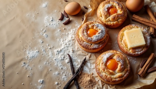 Wallpaper Mural Baked pastries with egg yolks, butter, and spices on a brown surface. Ingredients include flour, eggs, and cinnamon sticks. Torontodigital.ca