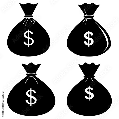 Four black money bags with dollar sign symbols arranged in a two by two grid on a white background