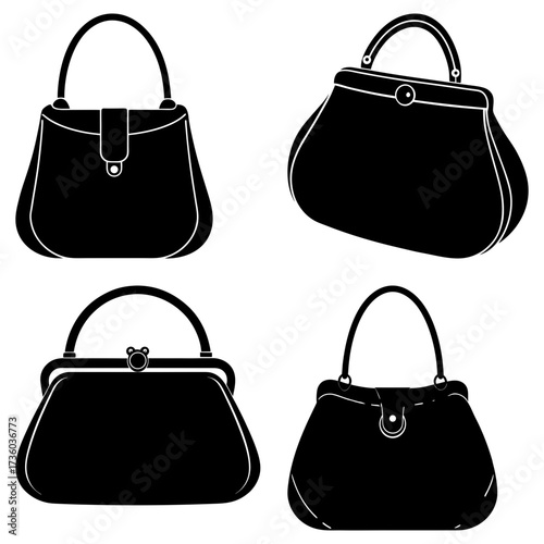Four black silhouette vintage style handbags with handles and clasps on a white background image design