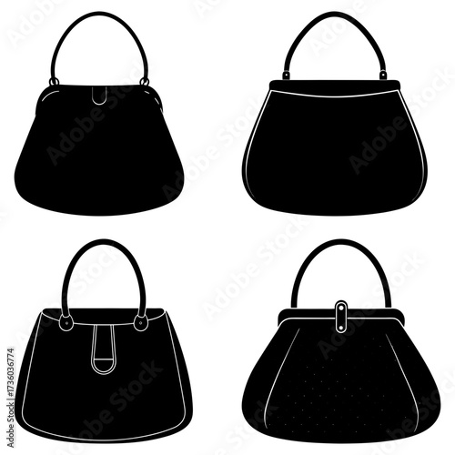 Four black silhouette handbags with handles arranged in a square pattern on a white background design