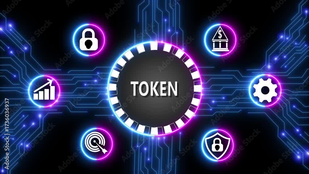 Digital representation of token and its associated symbols, illuminating a futuristic vision of financial technology.