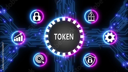 Wallpaper Mural Digital representation of token and its associated symbols, illuminating a futuristic vision of financial technology. Torontodigital.ca