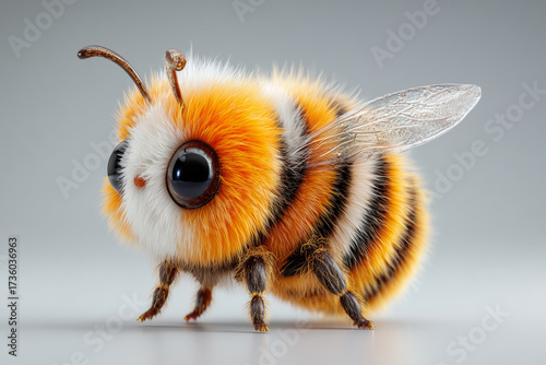 Fluffy cheerful bee dances joyfully in mid-air under bright sunlight