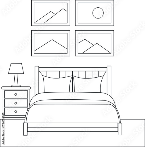 A cozy bedroom interior design line art