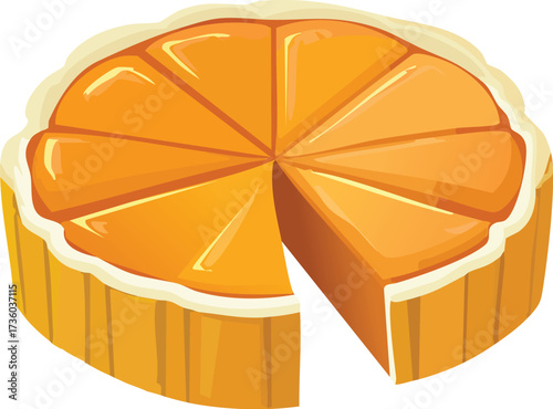 A whole pumpkin pie with one slice cut out. A traditional dessert for Thanksgiving and the autumn season. An isolated vector illustration. Generative AI