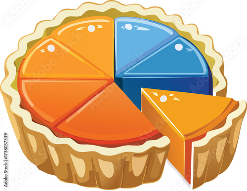 A colorful pie chart that looks like a sliced pie. A fun, creative vector illustration for business presentations, data, and analytics. Generative AI