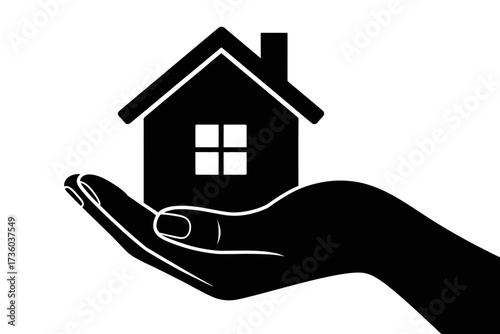 Hand gently holding a silhouette of a house, symbolizing home ownership and security.