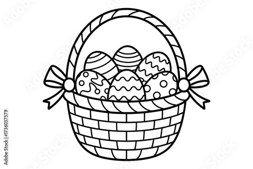 Whimsical outline illustration of a basket filled with decorated Easter eggs and a bow