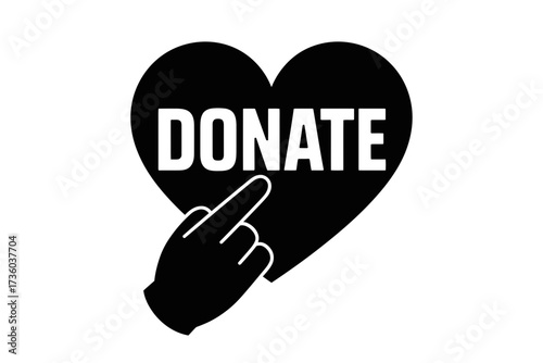 Hand pointing to a large heart with the word "Donate" for charity and support.