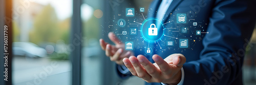 A professional presenting AML concepts using icons representing banking compliance and financial security. Utilizing negative space effectively, the composition emphasizes the importance of regulatory