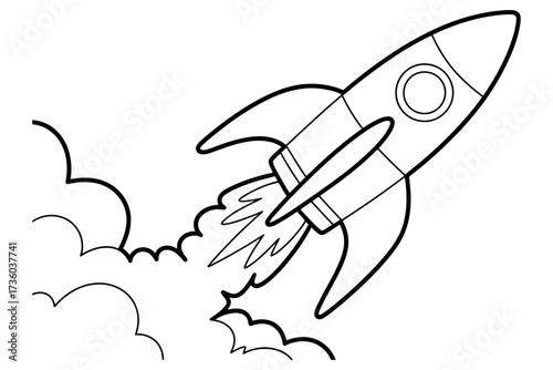 Simple outline drawing of a rocket blasting off with smoke trails