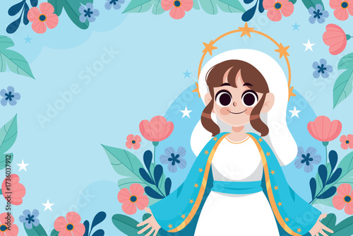 Flat Decorative Background with Virgin Mary Illustration and Floral Religious Motifs