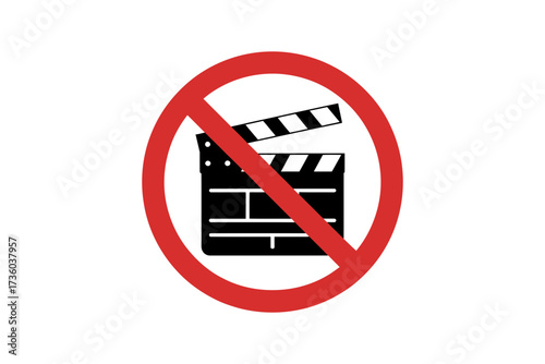 No filming allowed, prohibition symbol over movie clapperboard