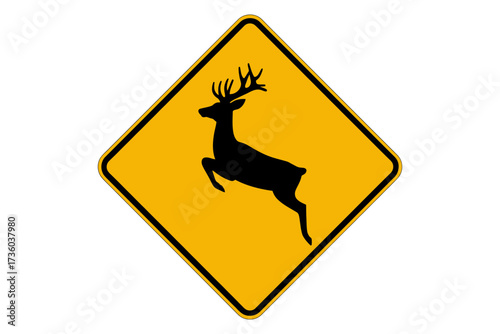 Yellow diamond-shaped warning sign with a black silhouette of a deer crossing