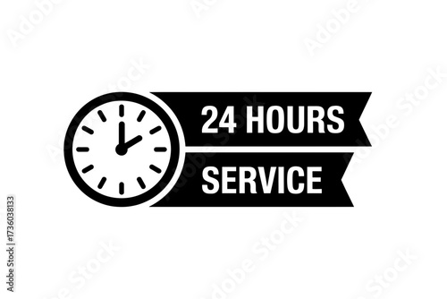 Clock and banner indicating 24 hours of service, symbolizing constant availability and support.