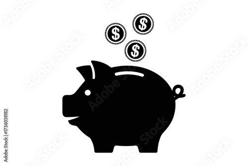 Classic piggy bank receiving falling coins, symbolizing saving and financial growth.