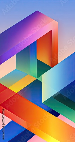 Abstract geometric shapes in vibrant colors.  Interlocking, layered blocks create a 3D effect.  Gradient colors transition smoothly.  Dynamic composition