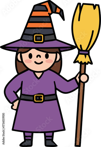 Simple Flat Design of Halloween Witch Kid Character in Purple Dress