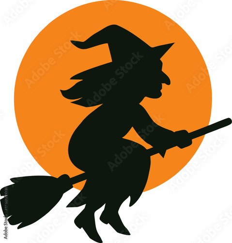 Flying Witch Silhouette on Broomstick Against Full Orange Moon Background