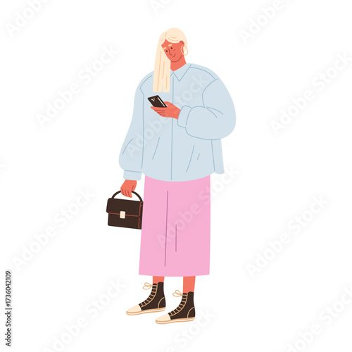 Woman standing and holding smartphone in hand. Modern female character reading messages, surfing internet, social media. 