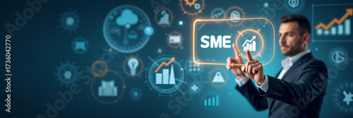 A businessman points toward an icon denoting SME growth, surrounded by various business-related imagery, symbolizing the development of small and medium enterprises with ample copy space.