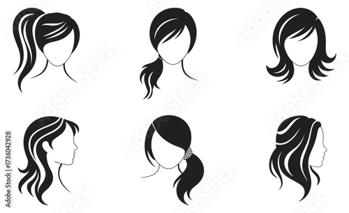 Six Female Hair Silhouettes,  Vector Collection of Stylish Haircuts, Fashionable Hairstyles, Trendy Looks, Layered, Straight, Curly, Wavy Hair Designs, Beauty Concept, Salon, Haircare, and Women’s Fas