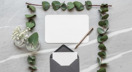 A blank white card pen and open envelope with a card framed by eucalyptus leaves alongside a jar of white flowers on a marble surface